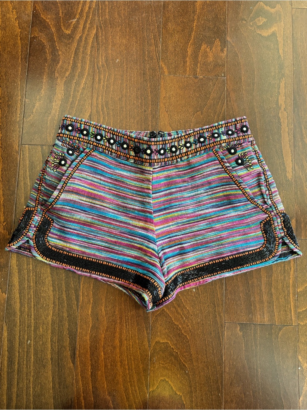 French Connection Multicolor Striped Embroidered and Beaded Shorts, Size 2